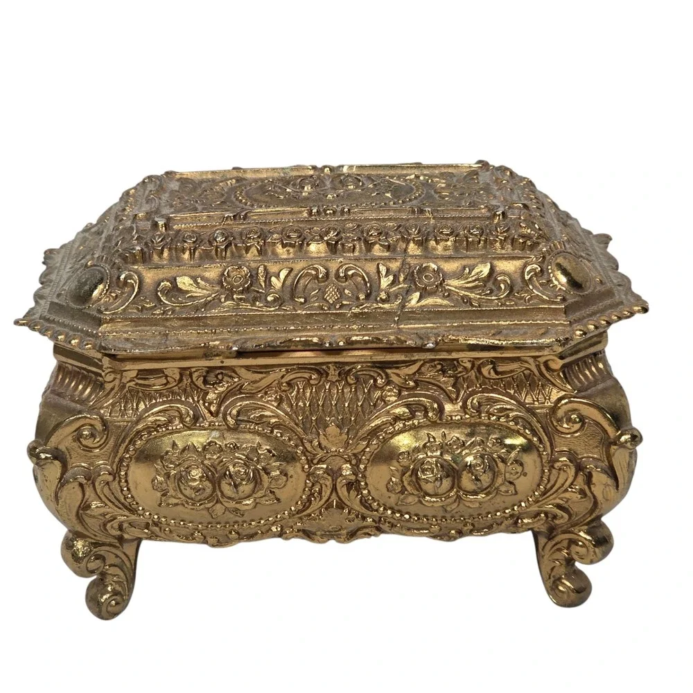 Jewelry Box  Gold Ornate Floral Footed Red Velvet Lining Vintage Heavy vtg